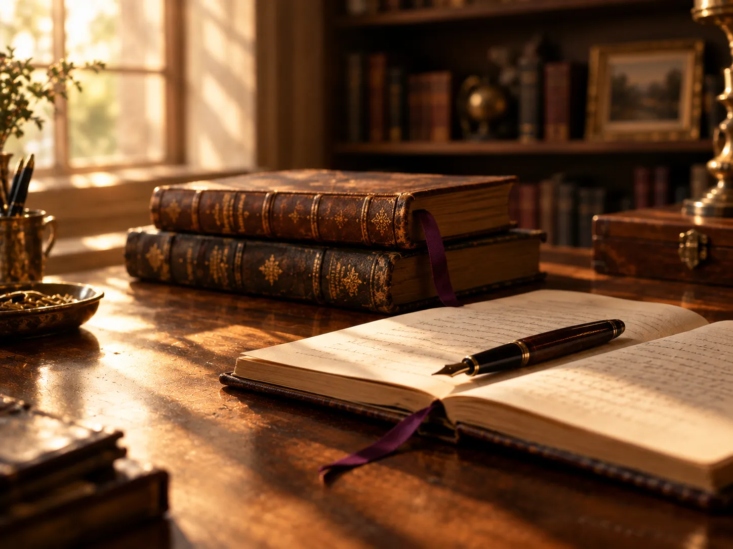 Escritorio antiguo con libros de cuero, cuaderno abierto y pluma a la luz dorada de la tarde